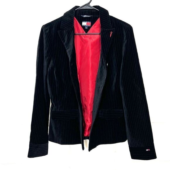 Tommy Hilfiger Vintage Y2K Black Velvet Pin Striped Blazer Jacket Size L - Picture 9 of 13